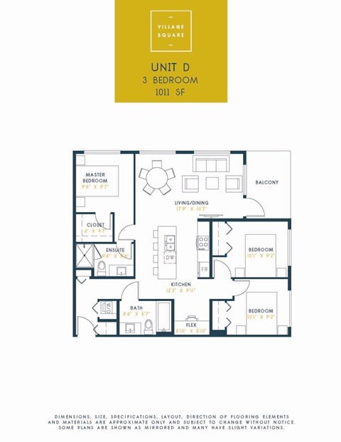 Floor plan for 3 beds, 2 baths, 1011 sqft